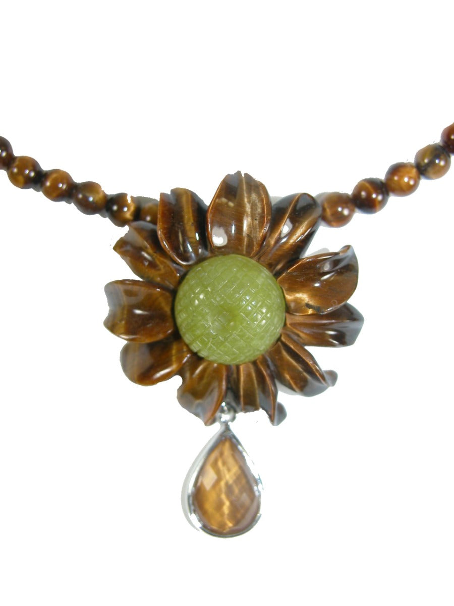 Carved Tiger Eye Serpentine Jade Flower Pendant Necklace