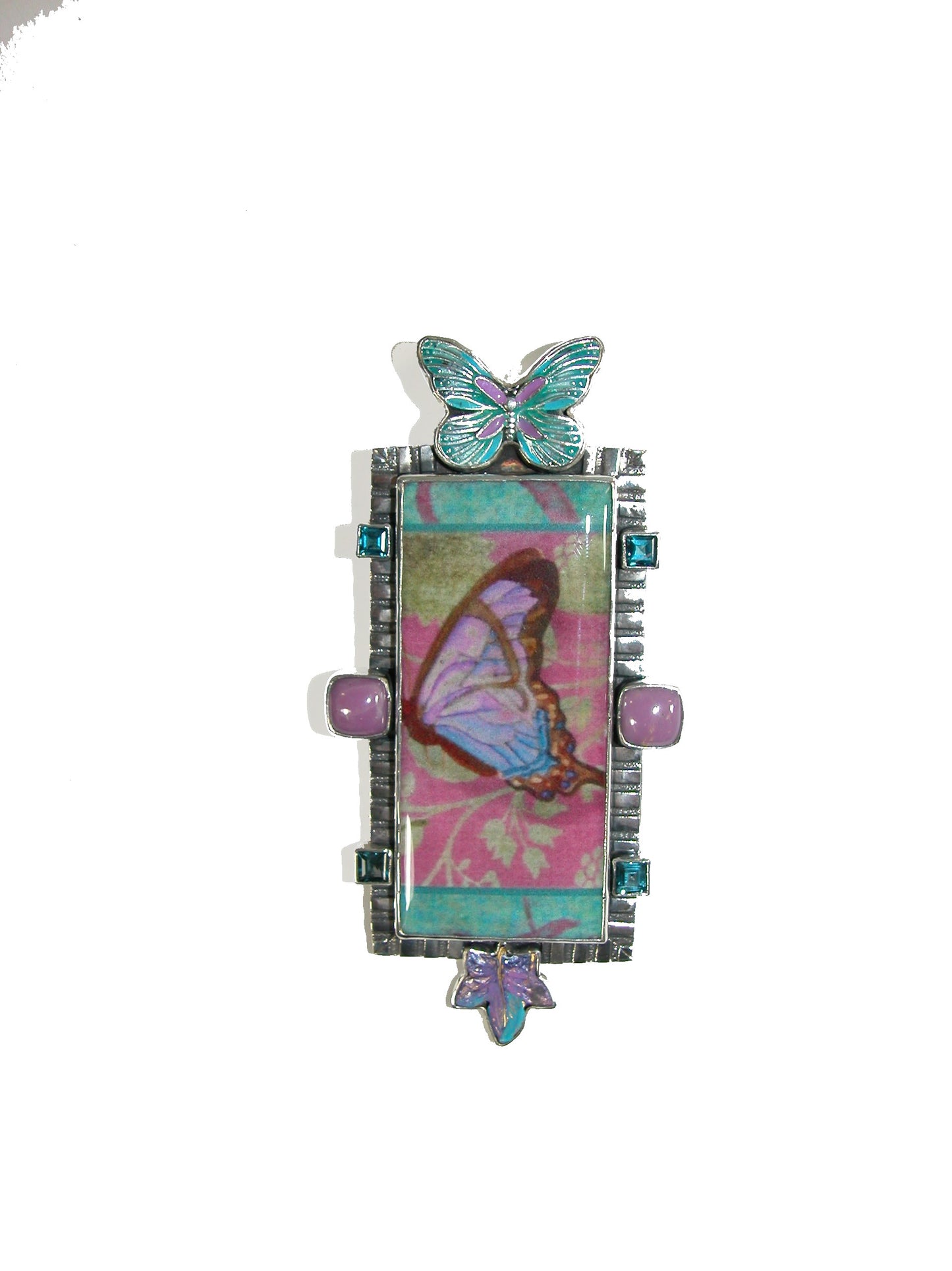 20048 Hand Enameled Purple and Blue Butterfly Sterling Silver Pin and Pendant