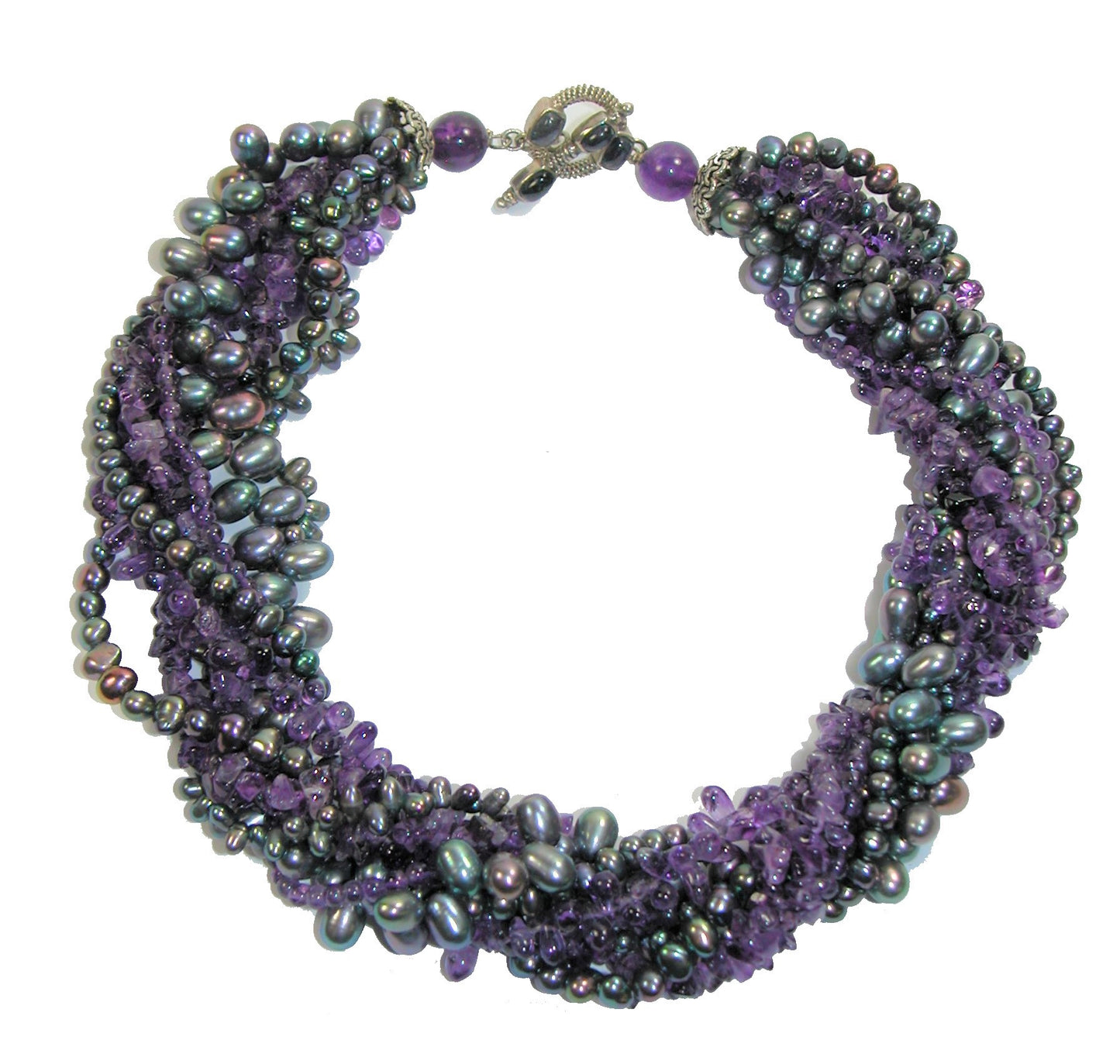 Amethyst Freshwater Pearl Multi-Strand Sterling Silver Necklace