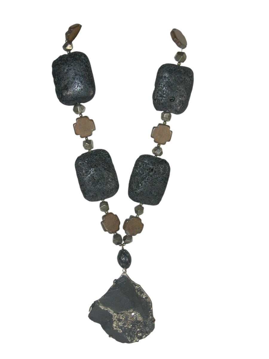 Slate with Pyrite and Lava Stone Necklace