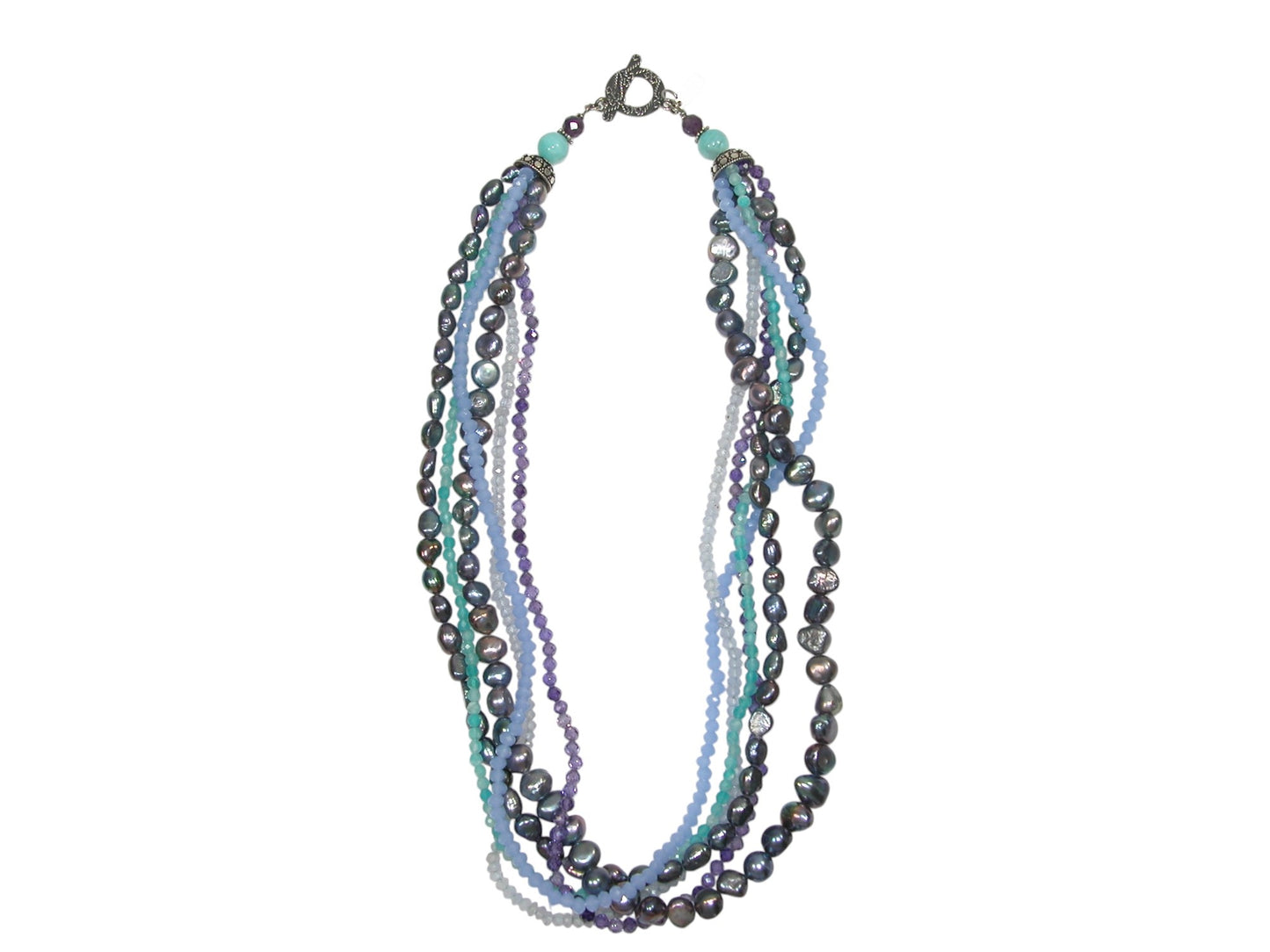 Freshwater Pearl with Teal and Purple Crystals 6 Strand Necklace