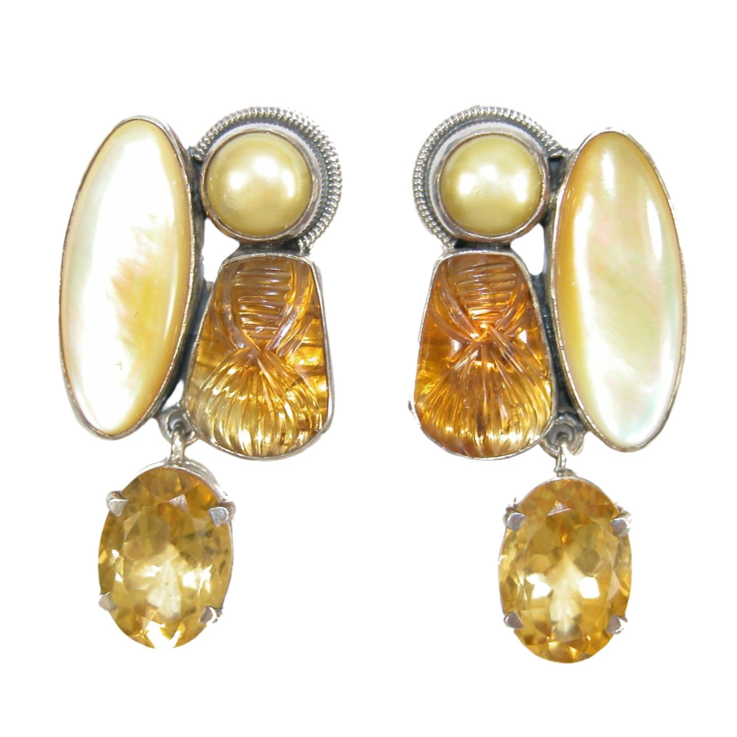 20199 Freshwater Pearl Citrine Cluster Sterling Silver Dangle Earrings