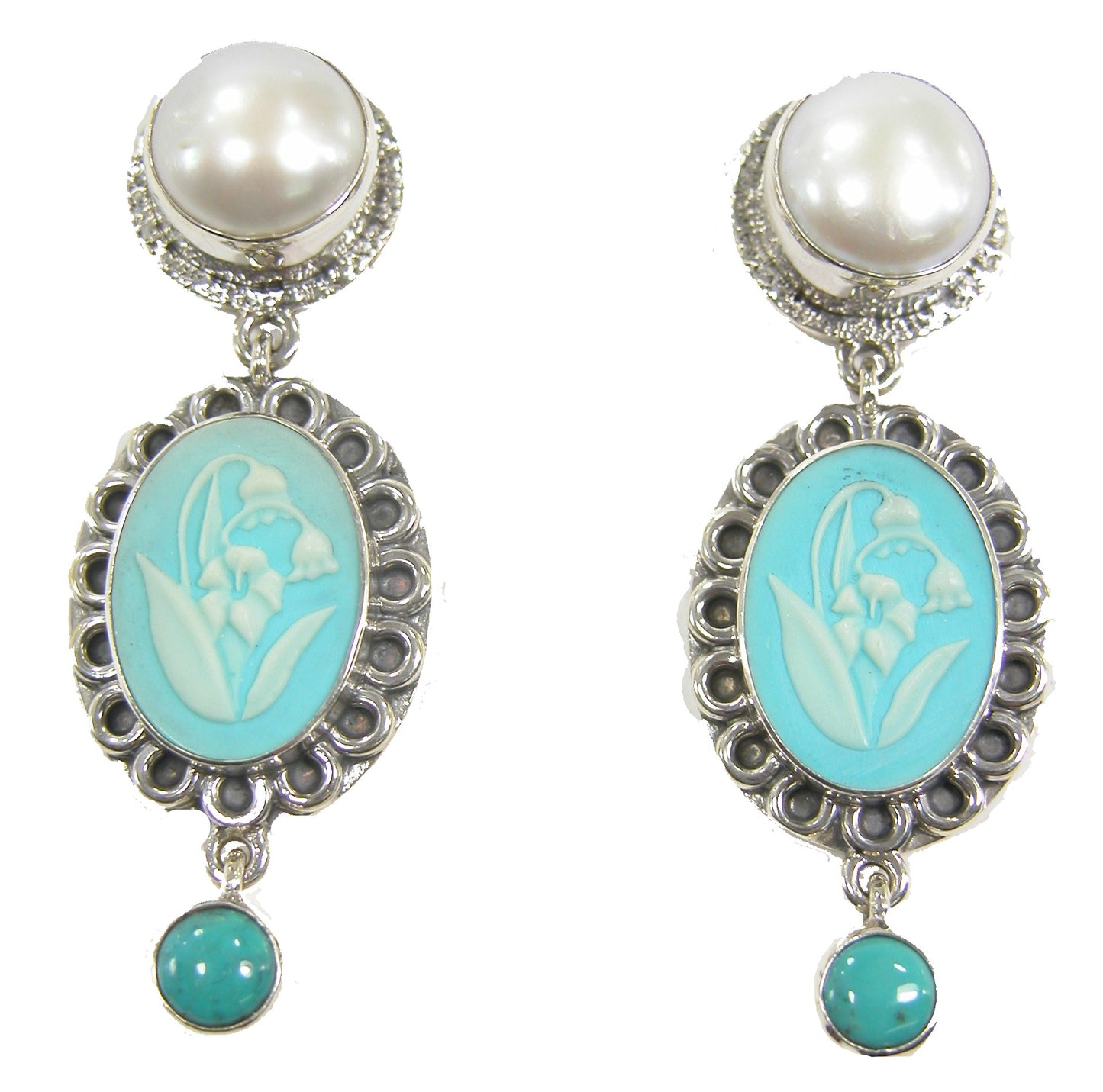 20202 Teal Floral Cameo with Turquoise and Freshwater Pearl Dangle Sterling Silver Earrings