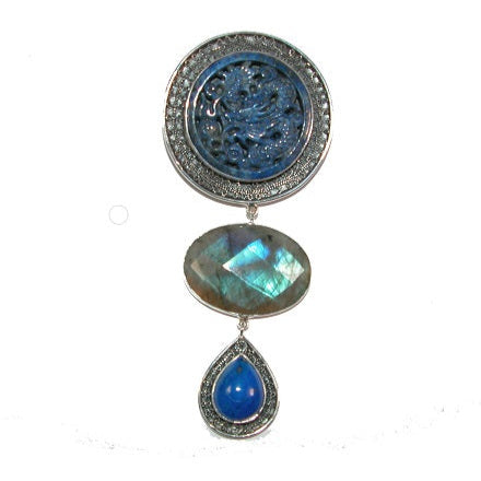 Labradorite Carved Lapis Sterling Silver Pin and Pendant