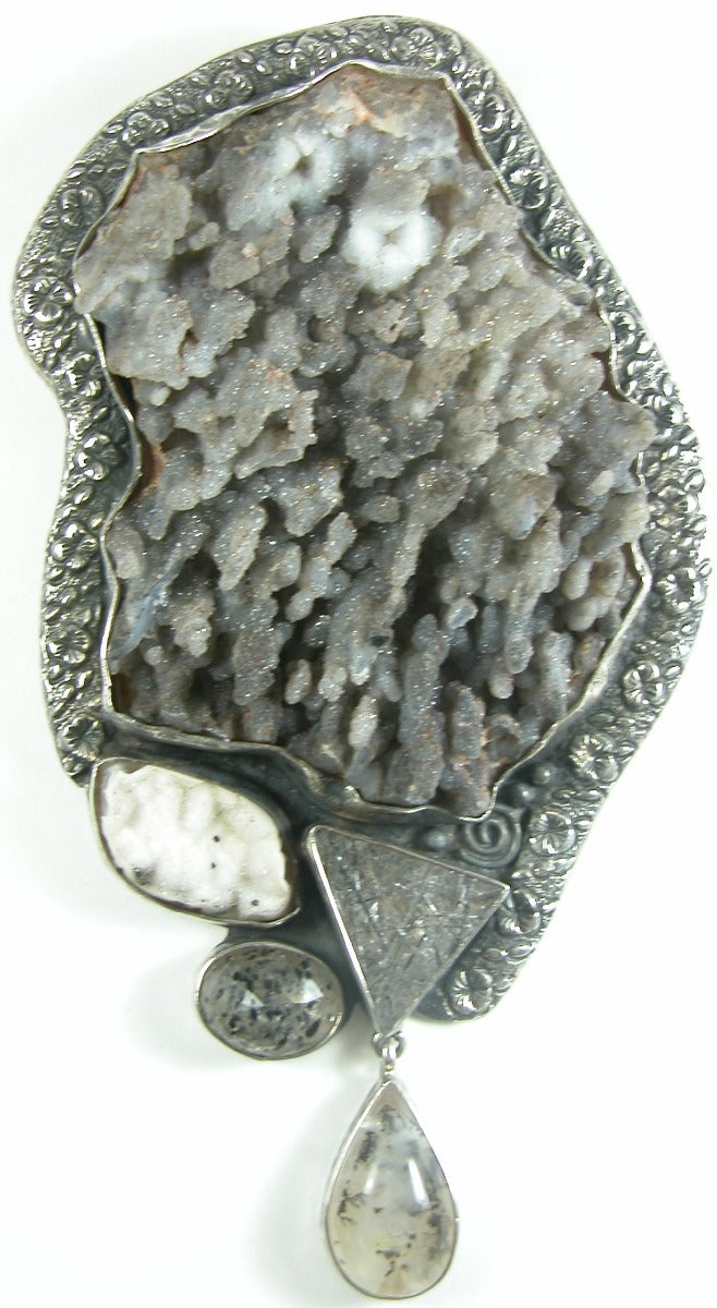 Natural Drusy Dendritic Agate Sterling Silver Pin Pendant