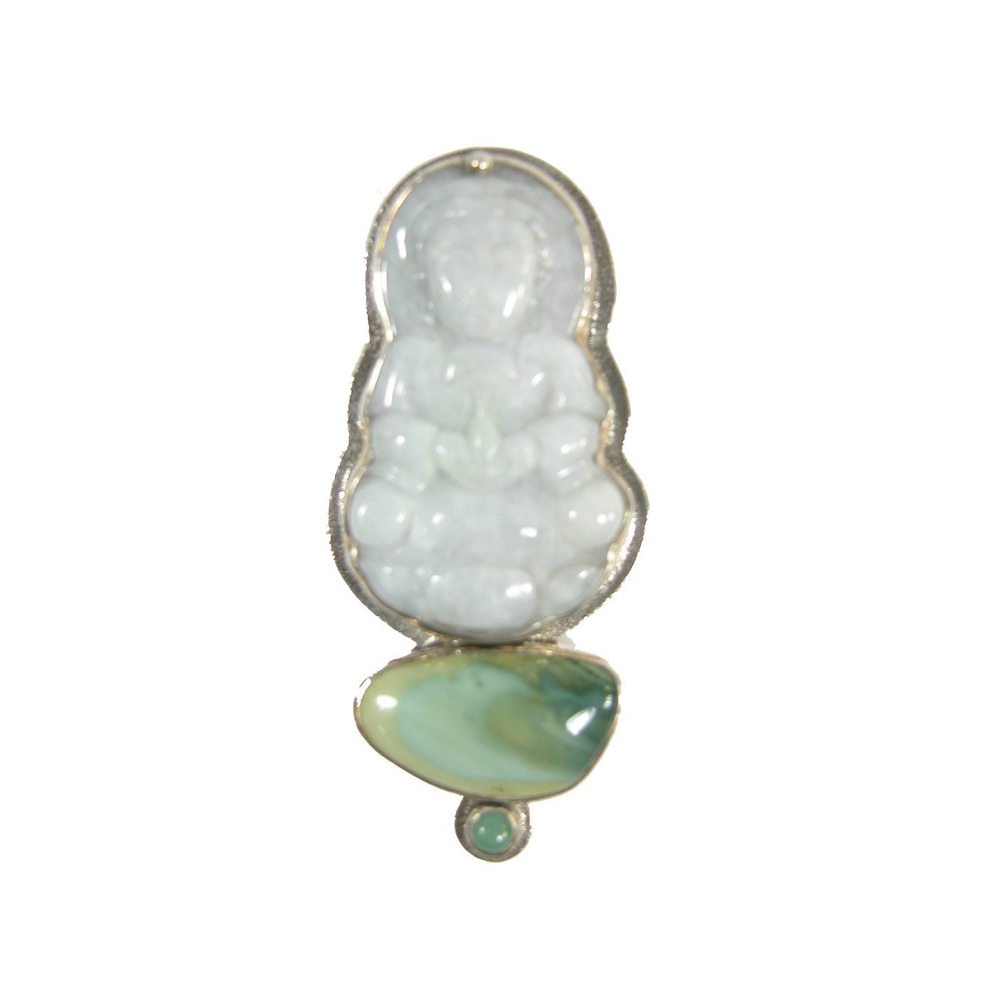 20413 Carved Jade Buddha with Jade and Aventurine Sterling Silver Pin Pendant