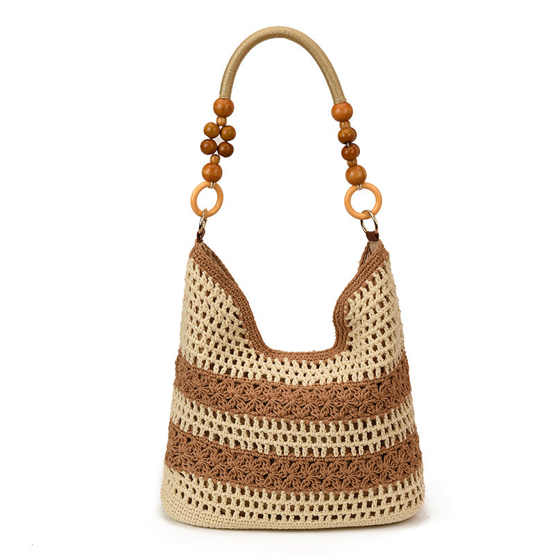 Cream and Taupe Cotton Woven Crochet Tote GF5039