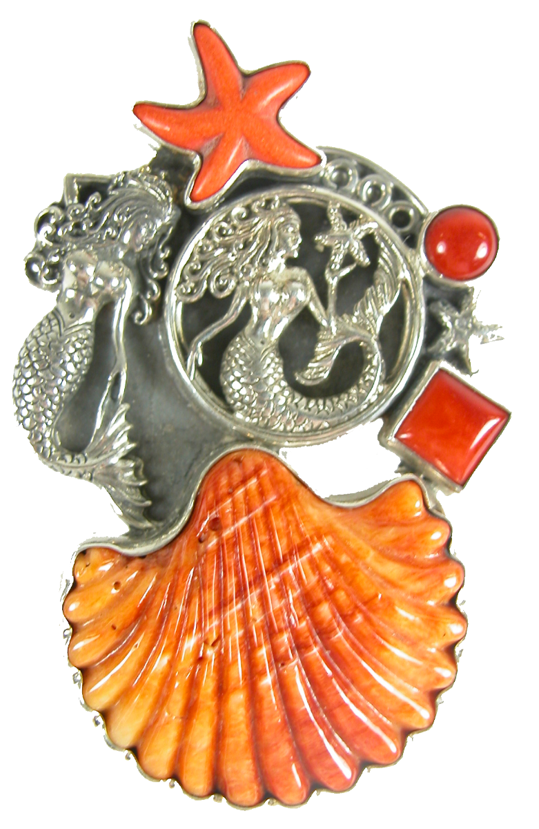Coral Spiny Oyster Shell Mermaid Sterling Silver Pin and Pendant