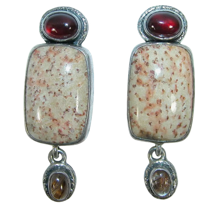 20454A Petrified Palm Wood, Moonstone Sterling Silver Earrings