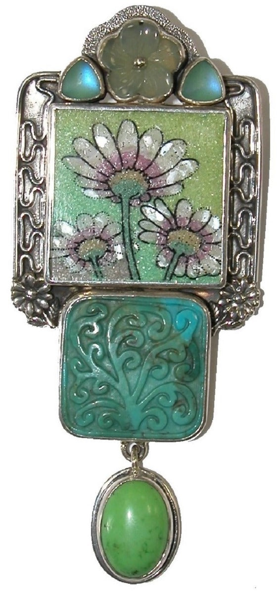 20471 Handmade Gemstone Mosaic Turquoise Sterling Silver Pin Pendant