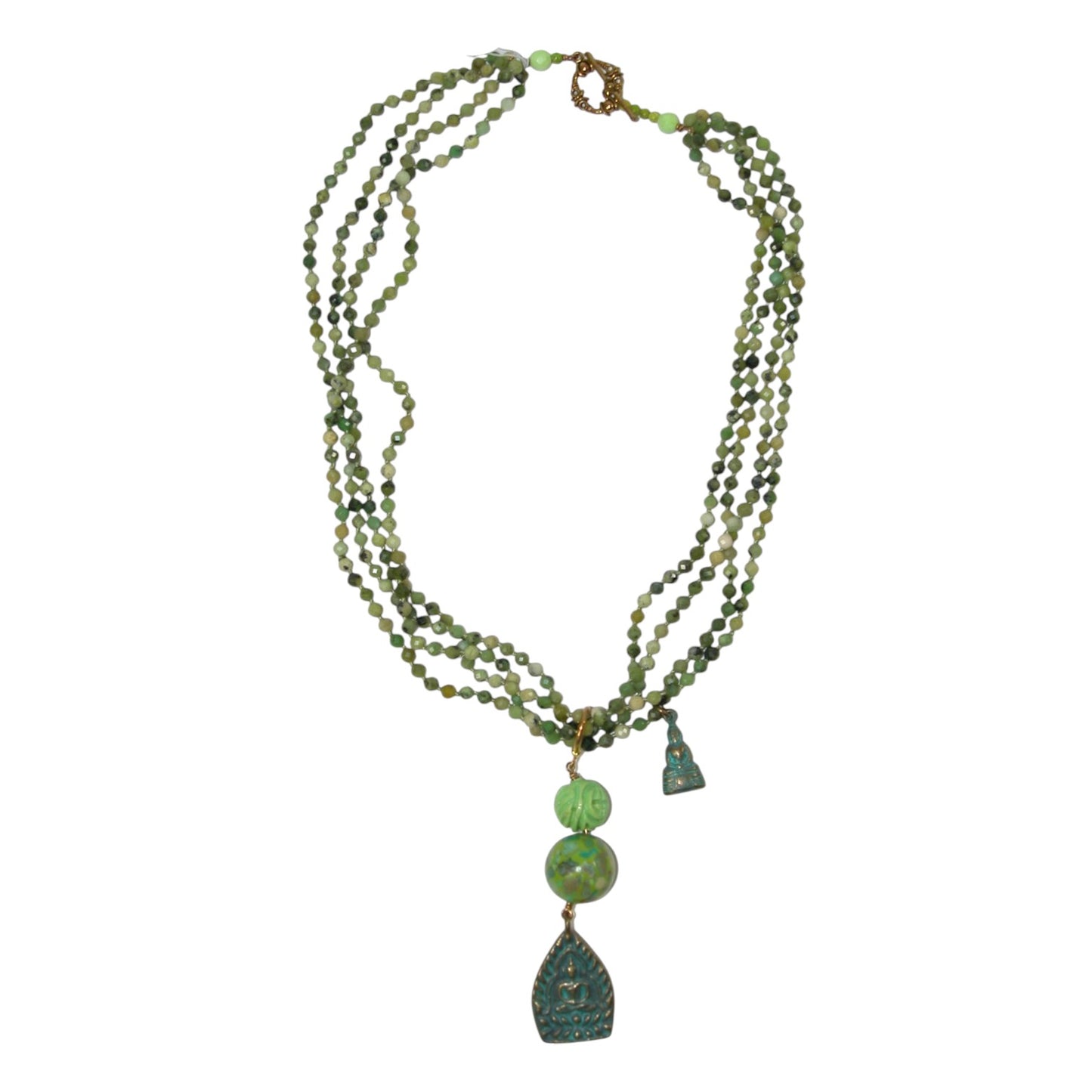 Beaded Jade Serpentine Buddha Sterling Silver Necklace