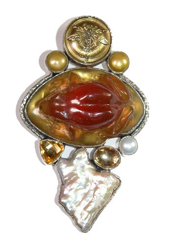One of a Kind Carved Amber Frog Sterling Silver Pin Pendant