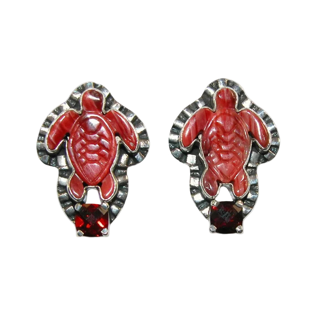 20551 Carved Spiny Oyster Turtle, Garnet Sterling Silver Earrings