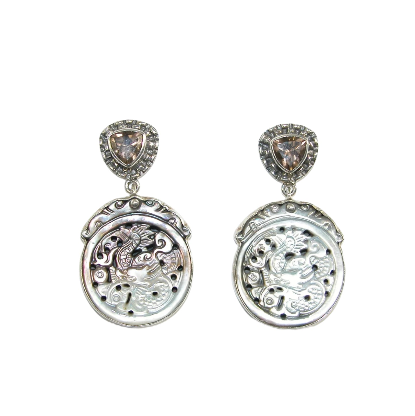20590 Hand Carved Mother of Pearl with Smoky Topaz Dangle Sterling Silver Earring