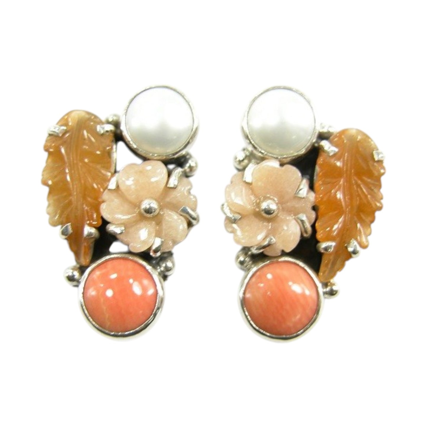 20643 Aventurine Leaf Pearl Sterling Silver Cluster Earrings