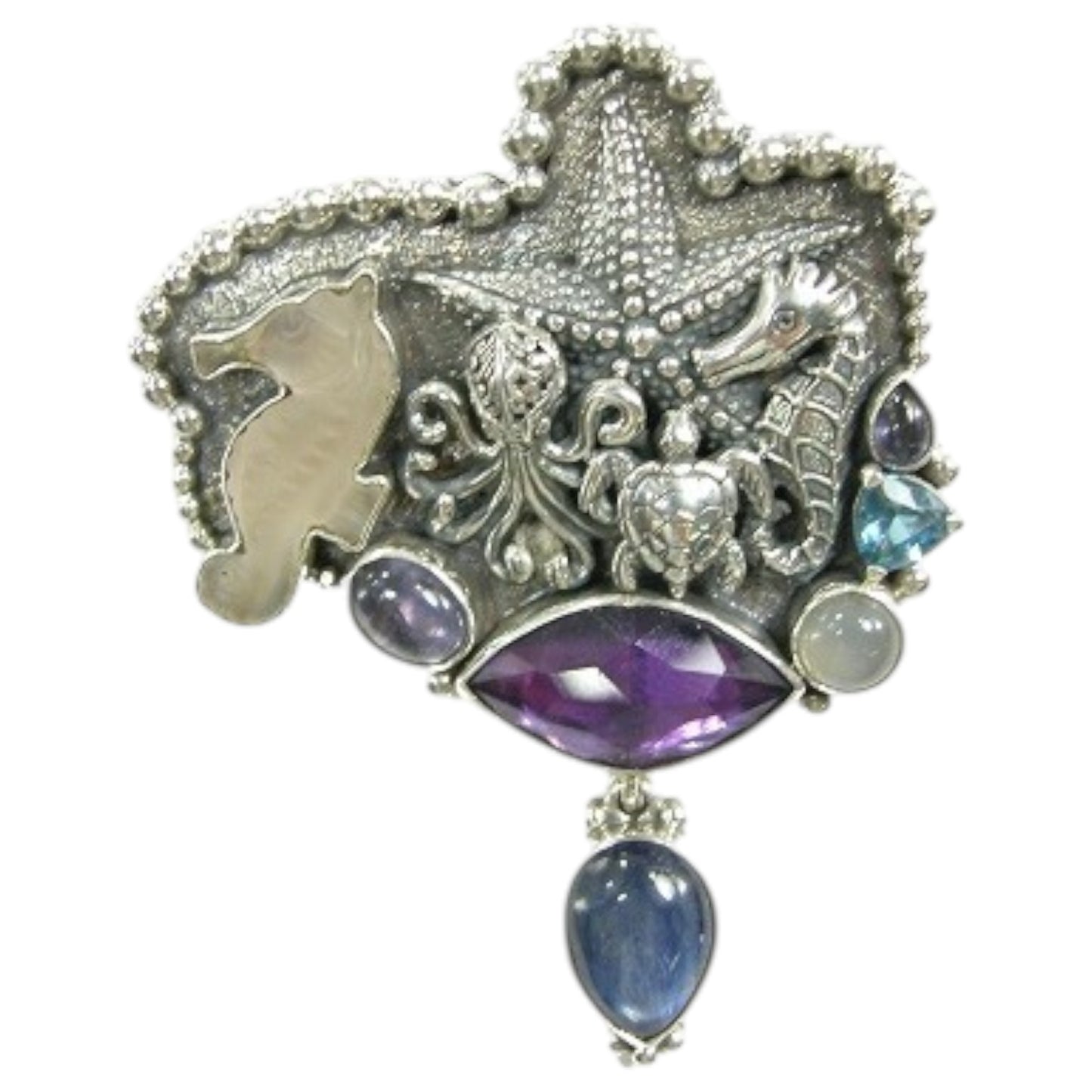 20778 Amethyst,Kyanite, Iolite, Blue Topaz Seahorse Sterling Silver Pin and Pendant