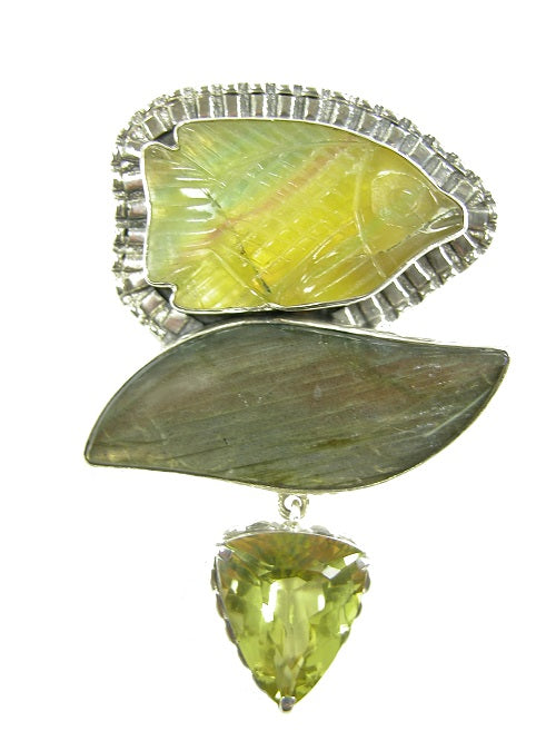 20810 Carved Fluorite Fish Labradorite Sterling Silver Pin Pendant