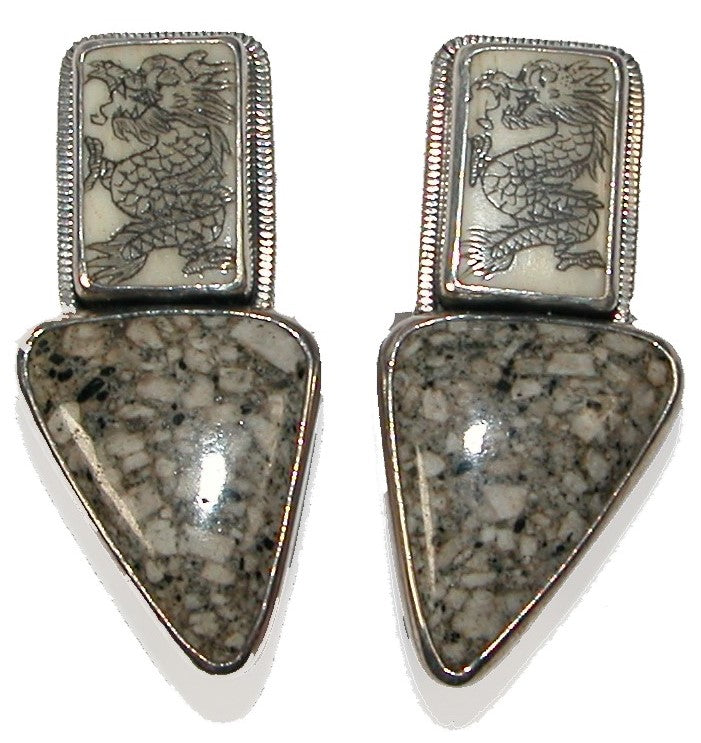Etched Bone Fossil Stone Sterling Silver Earrings