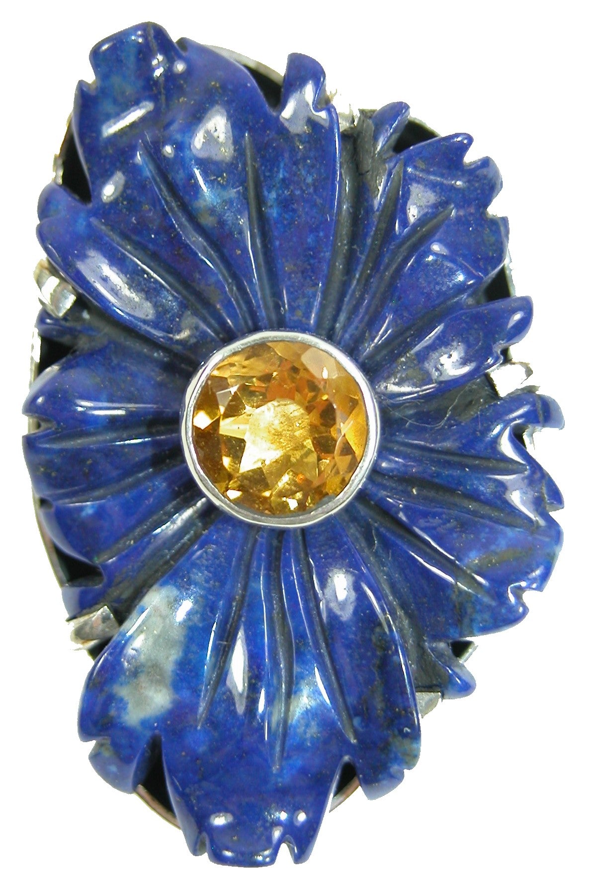 Carved Lapis Flower Citrine Sterling Silver Pin Pendant