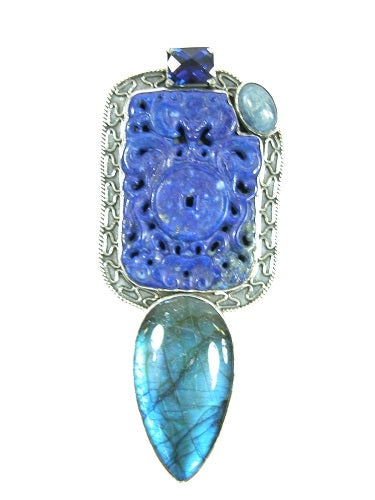 Carved Lapis Labradorite Kyanite Sterling Silver Pin Pendant