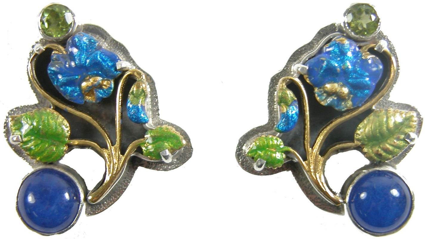 20939 Peridot Lapis Enameled Flower Sterling Silver Earring