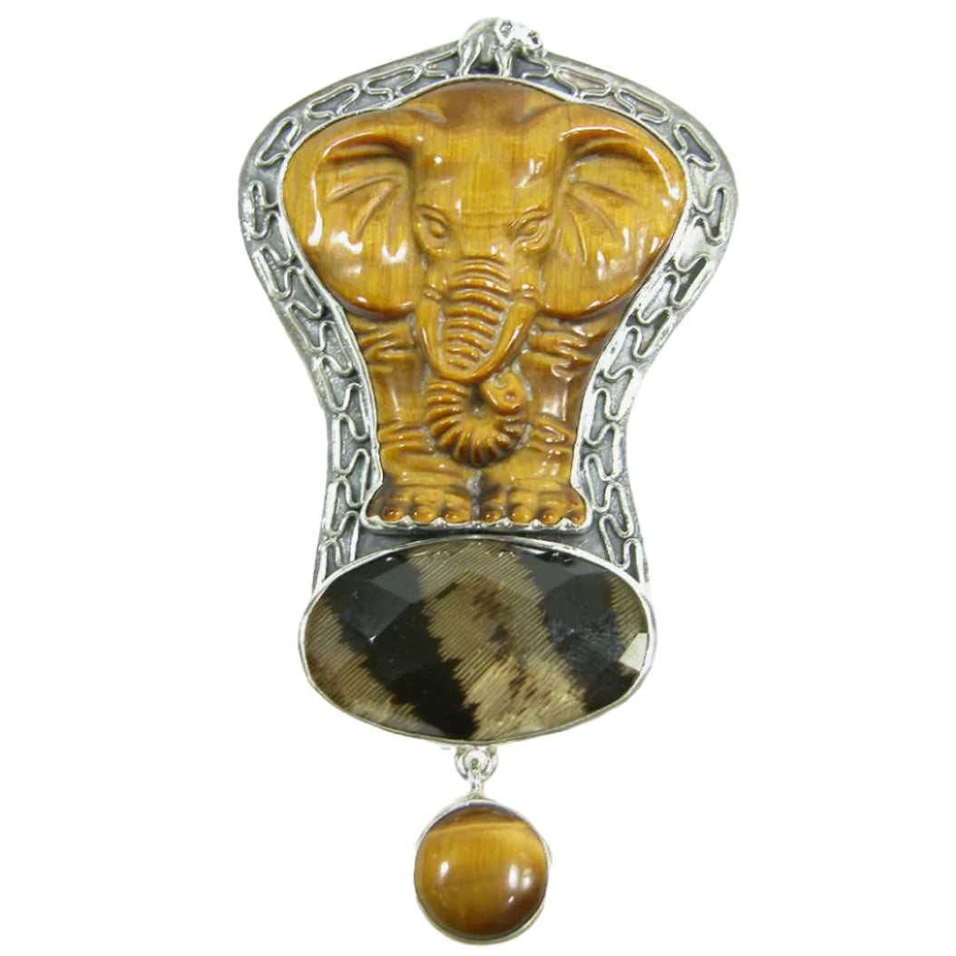 20942 Hand Carved Tiger Eye Elephant with Feather under Quartz Sterling Silver Pin Pendant