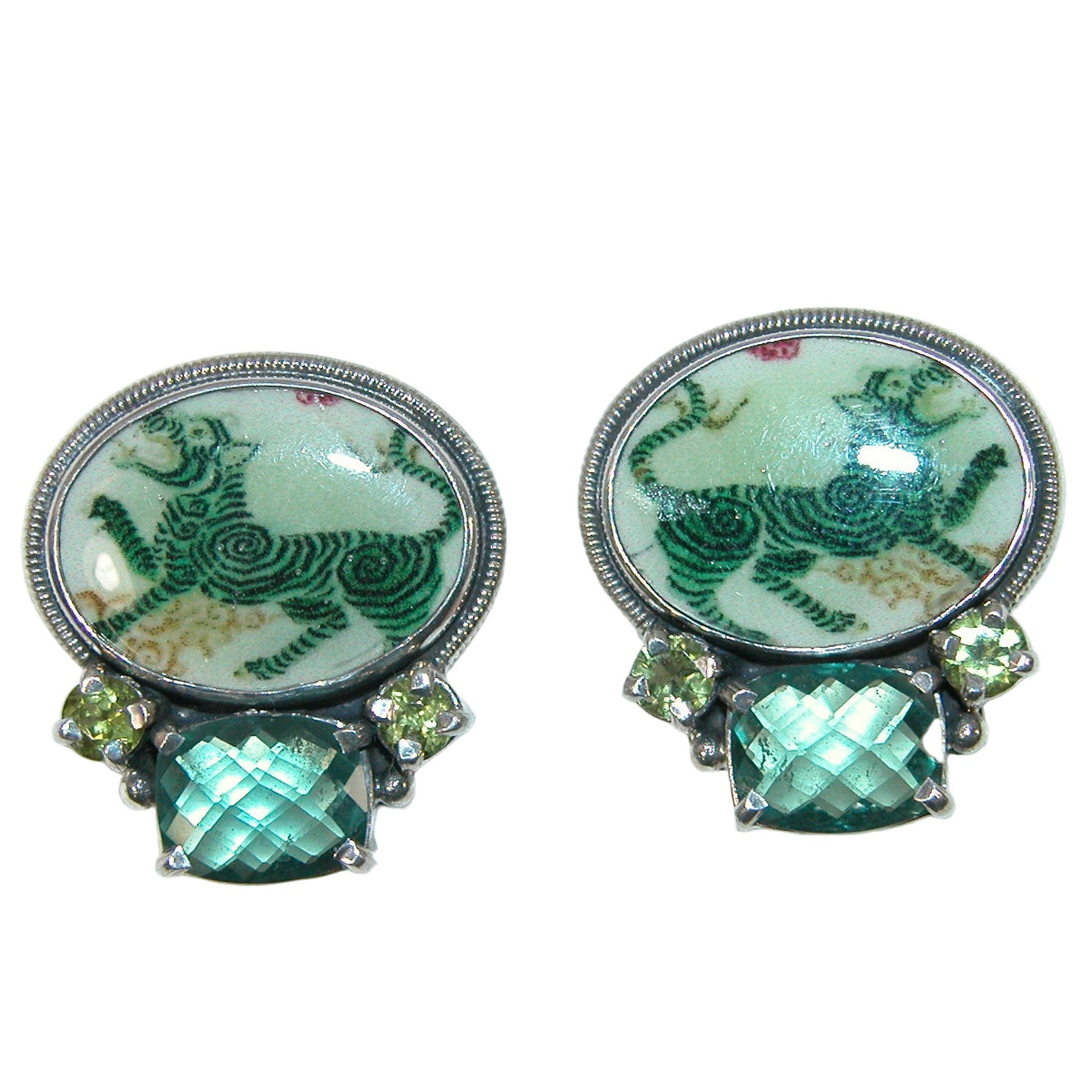20944 Handmade Tiger Tile, Peridot, Quartz Sterling Silver Earrings