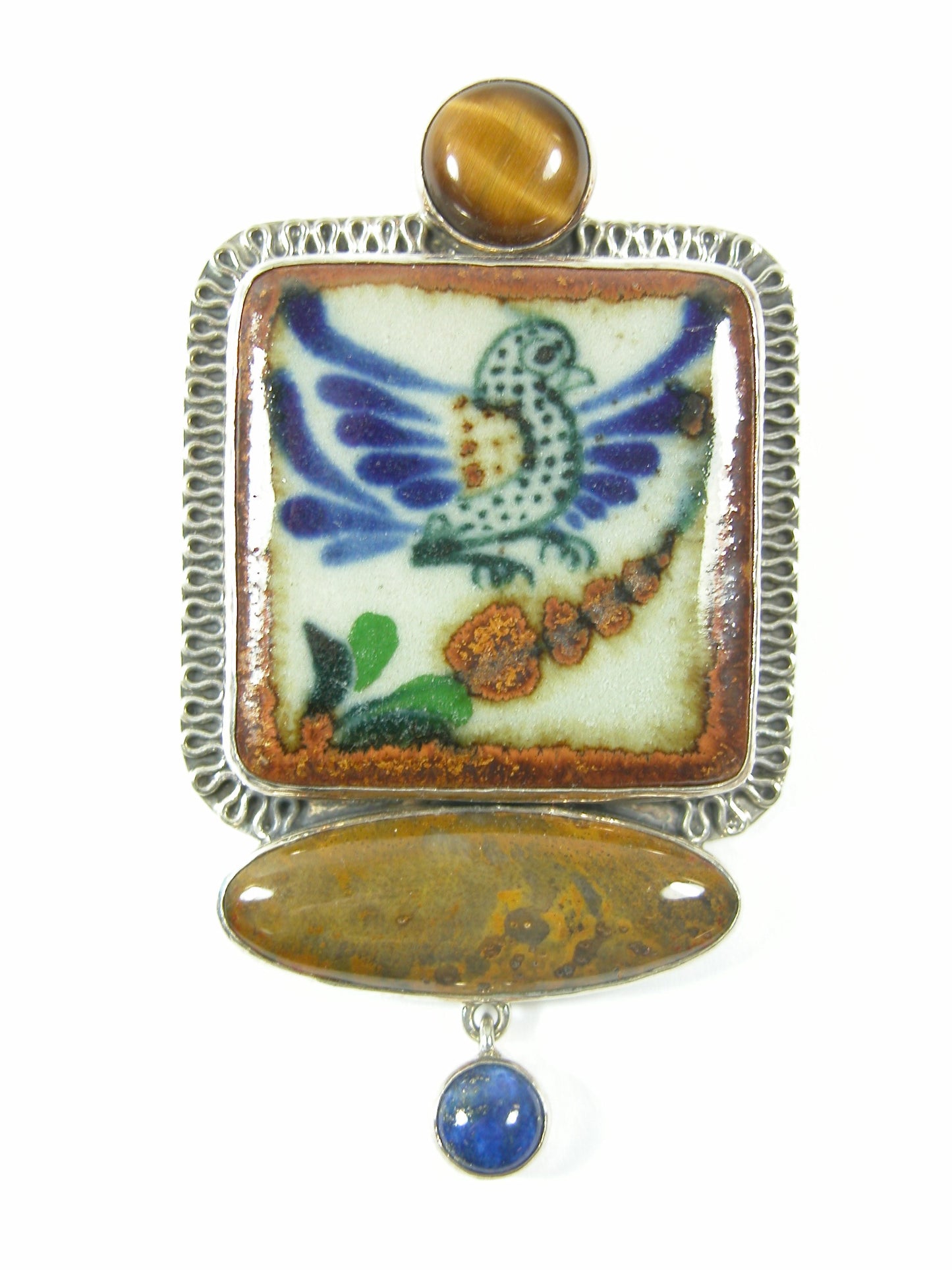 Hand Painted Ceramic Bird Tiger's Eye Lapis Sterling Silver Pin Pendant