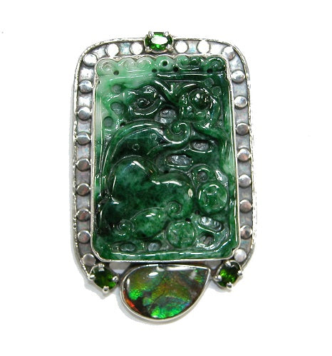 Carved Jade Ammolite Chrome Diopside Sterling Silver