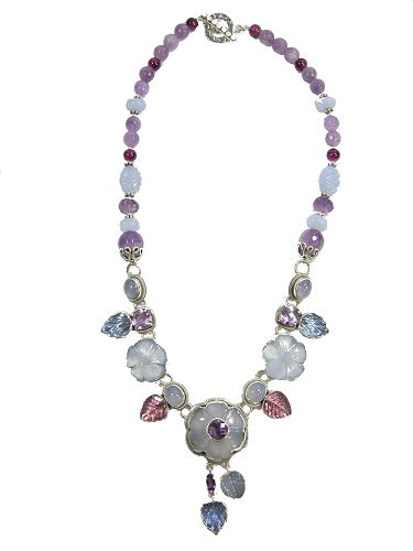 Carved Chalcedony Flower Amethyst Chalcedony Handmade Glass Sterling Silver Necklace