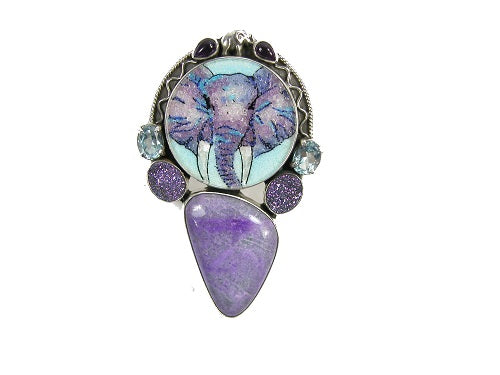 Gemstone Elephant Mosaic Sugilite Drusy Topaz Amethyst Sterling Silver Pin Pendant