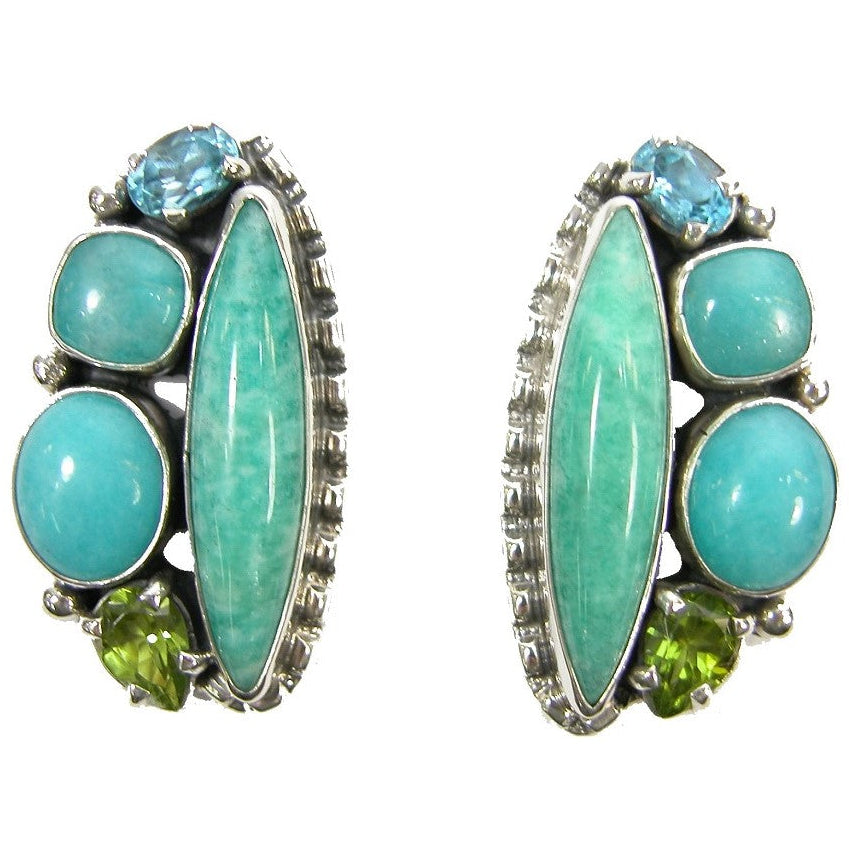 21090 Amazonite, Blue Topaz, Peridot Cluster Sterling Silver Earrings