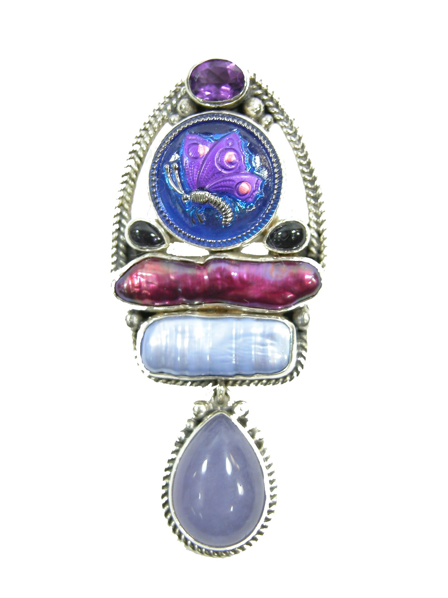 21149 Pearl, Amethyst, Hand Enameled Butterfly Sterling Silver Pin and Pendant
