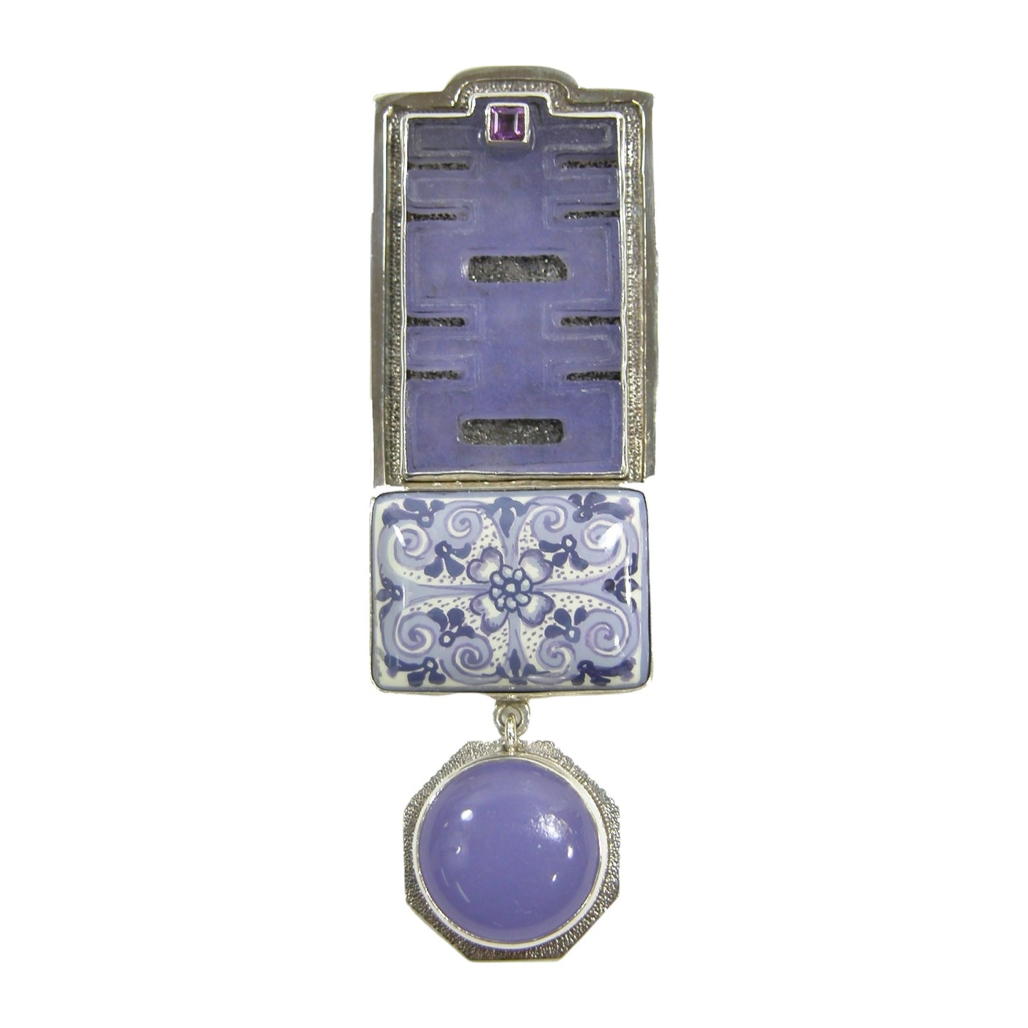21151 Hand Painted Russian Miniature on Black Onyx, Amethyst, Purple Agate Sterling Silver Pin and Pendant