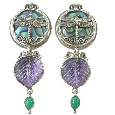 21157 Abalone, Chyrysoprase Dragonfly Vintage Glass Sterling Silver Drop Earring