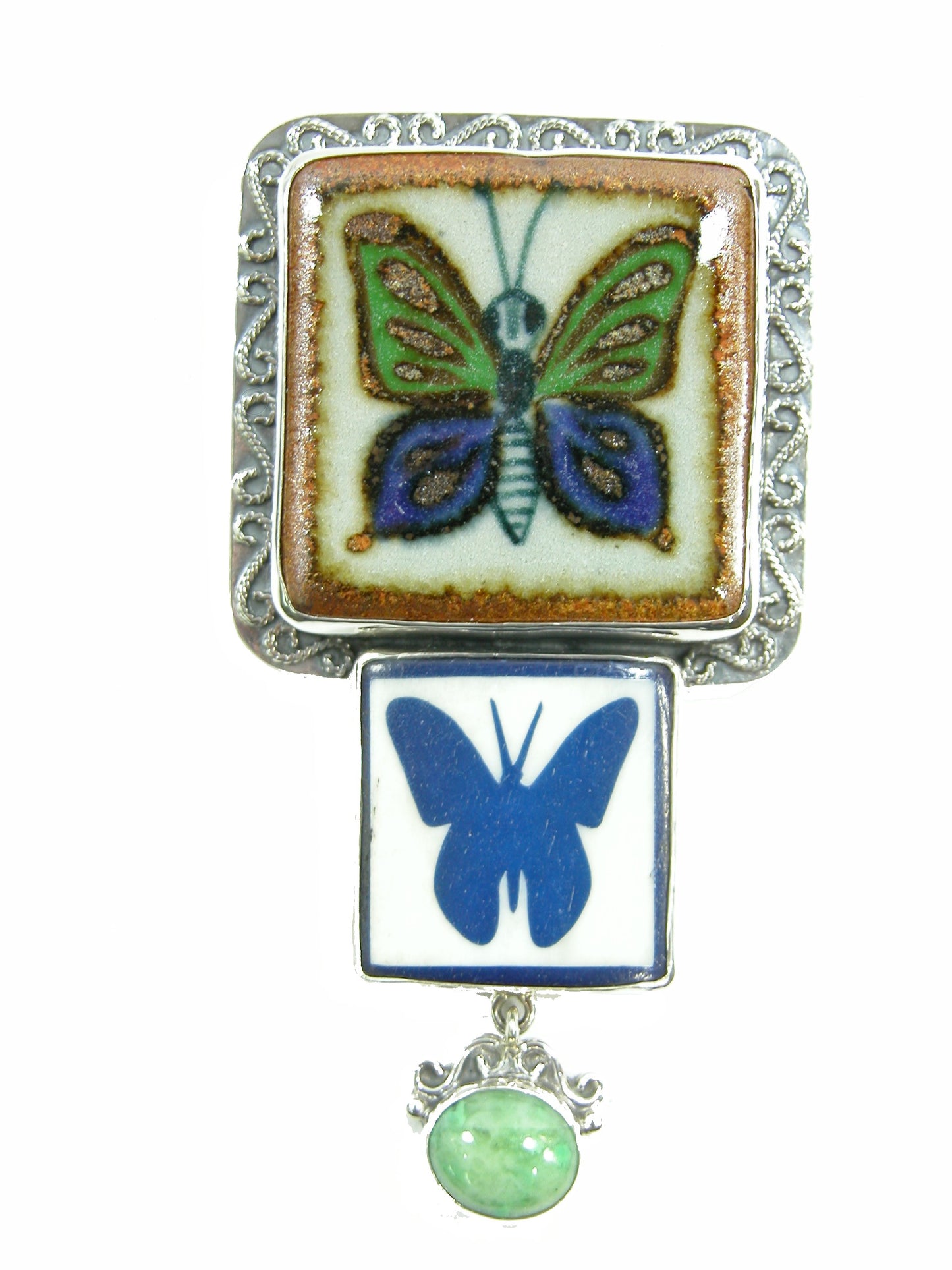 21165A Painted Ceramic Butterfly Lapis Sterling Silver Pin Pendant