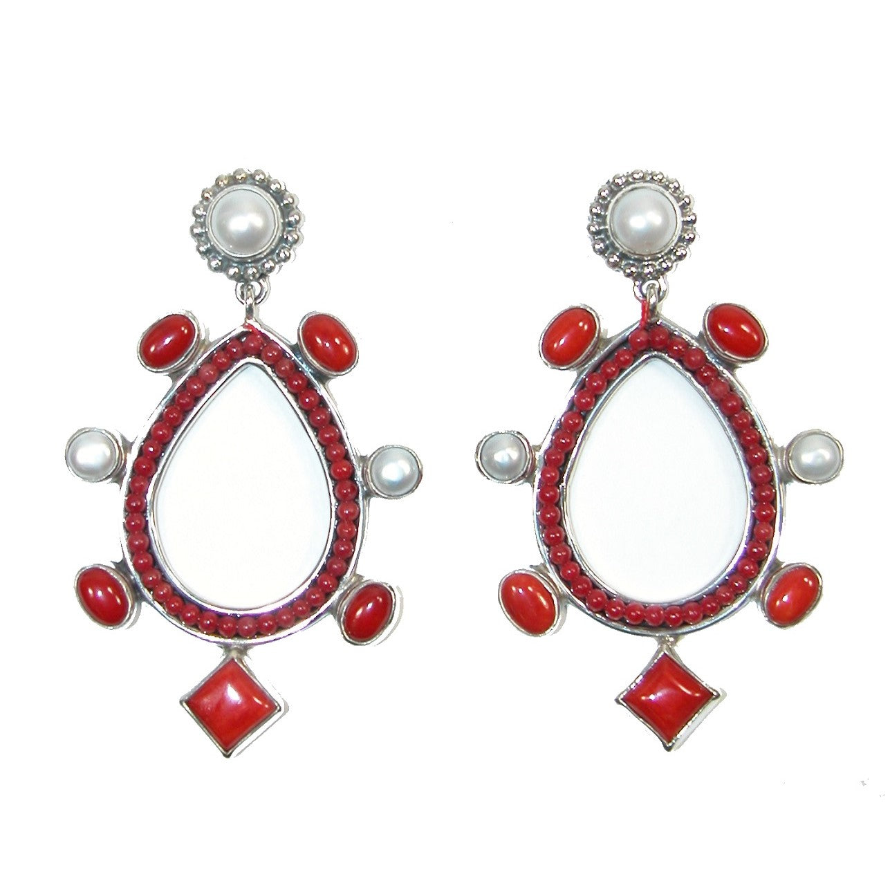 21167 Fresh Water Pearl with Red Jasper Dangle Sterling Silver Earring