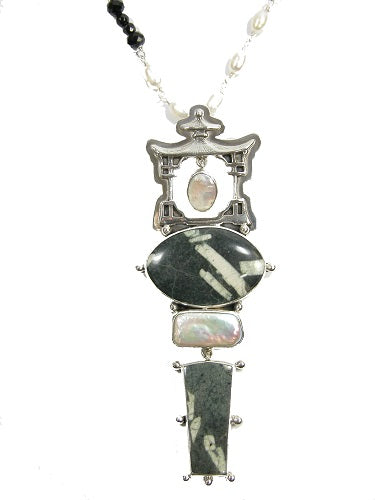 Pagoda Chinese Writing Stone Sterling Silver Necklace