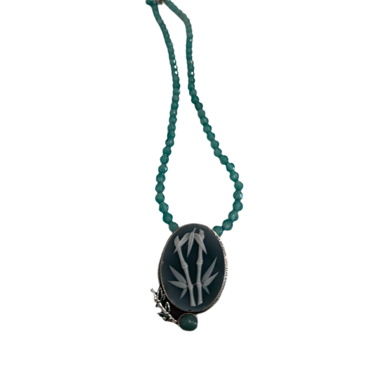 31319 Hand Etched Bamboo Cameo Pendant on Quartz Necklace