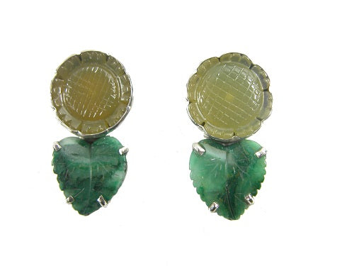 22202 Carved Green Onyx Jade Sterling Silver Earrings