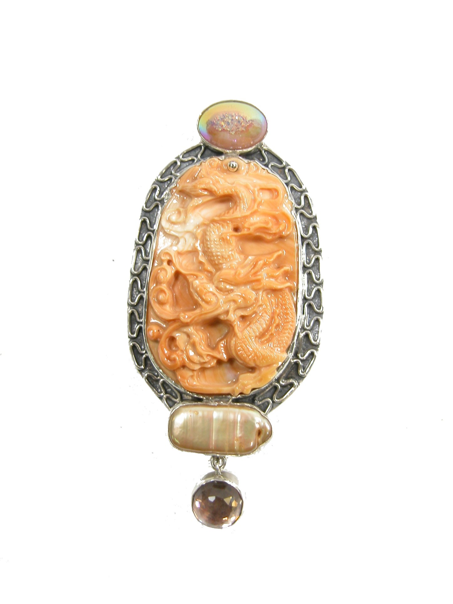 22254 Carved Shell Dragon, Freshwater Pearl, Sterling Silver Pin and Pendant