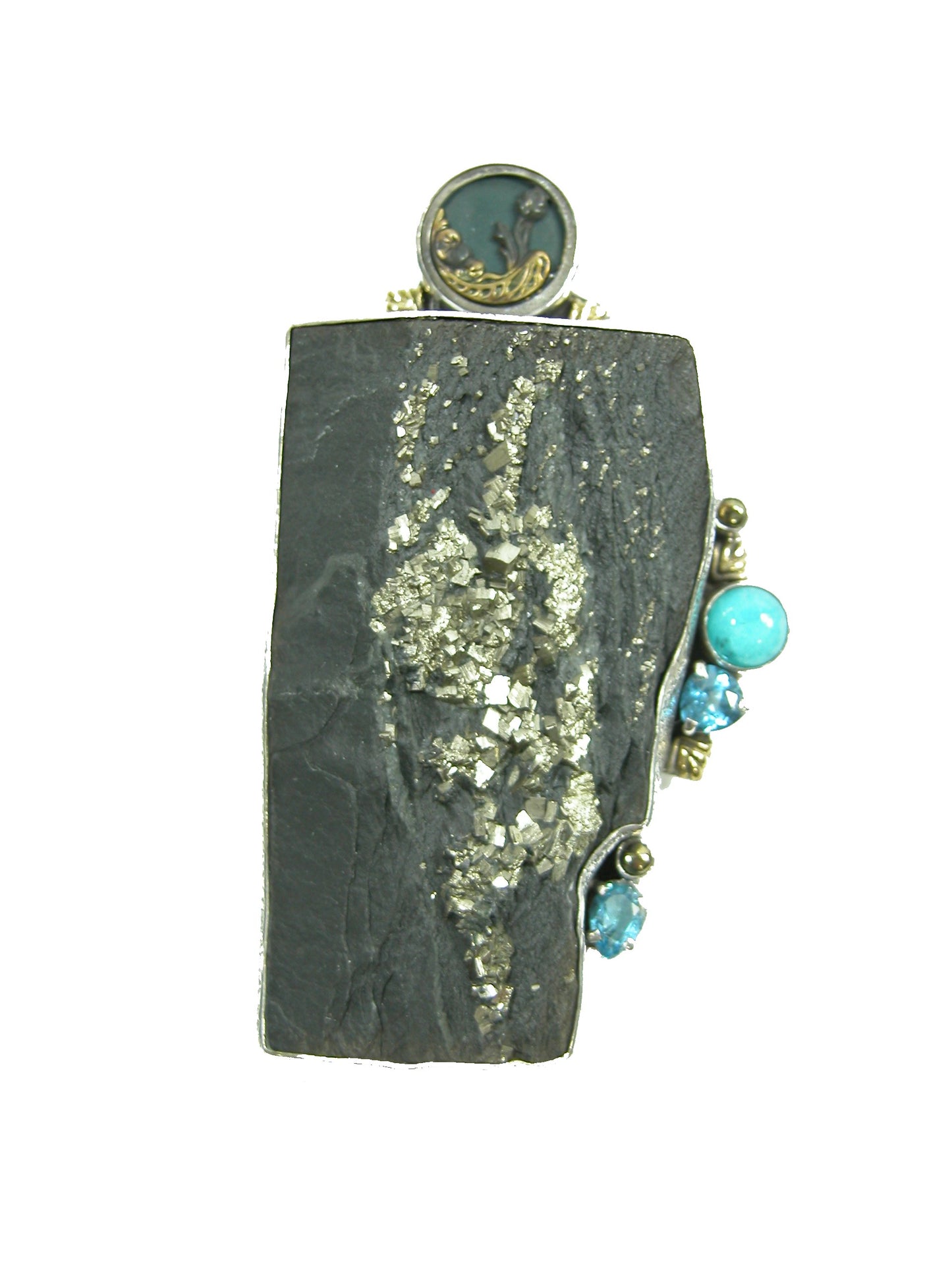 22259 Slade with Pyrite, Blue Topaz, Amazonite, Vintage Button Sterling Silver Pin Pendant