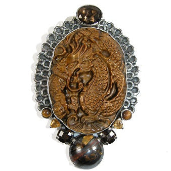 22399 Hand Carved Tiger's Eye Dragon Citrine Quartz Sterling Silver Pin and Pendant