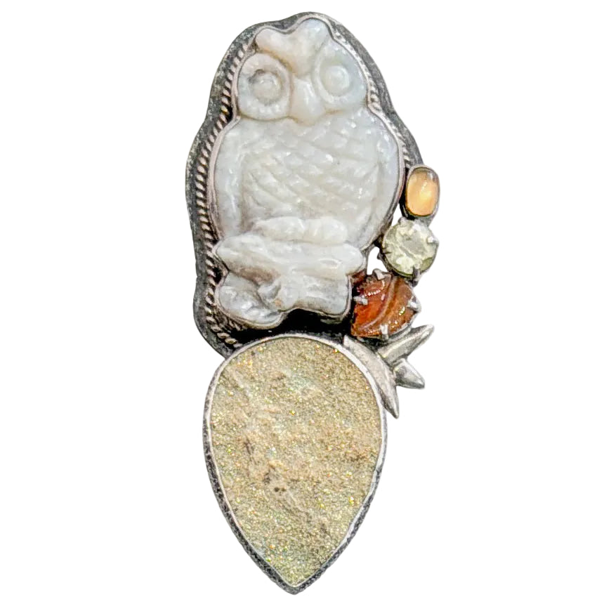 22438 Hand-Carved Opal Owl, Druzy Pin / Pendant