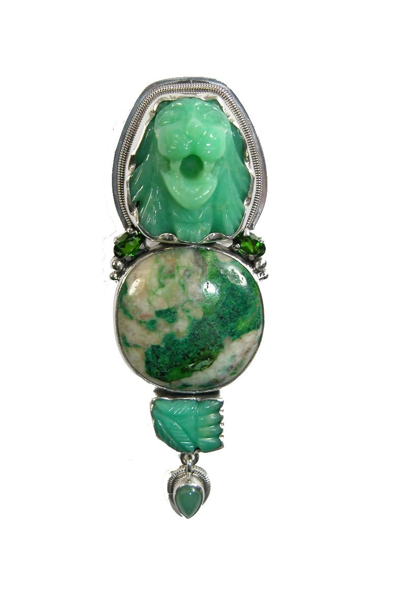 Chrysoprase Lion Head with Jasper Pin Pendant
