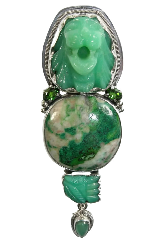 22449 Carved Chrysoprase Lion Head set in Sterling Silver Pin and Pendant
