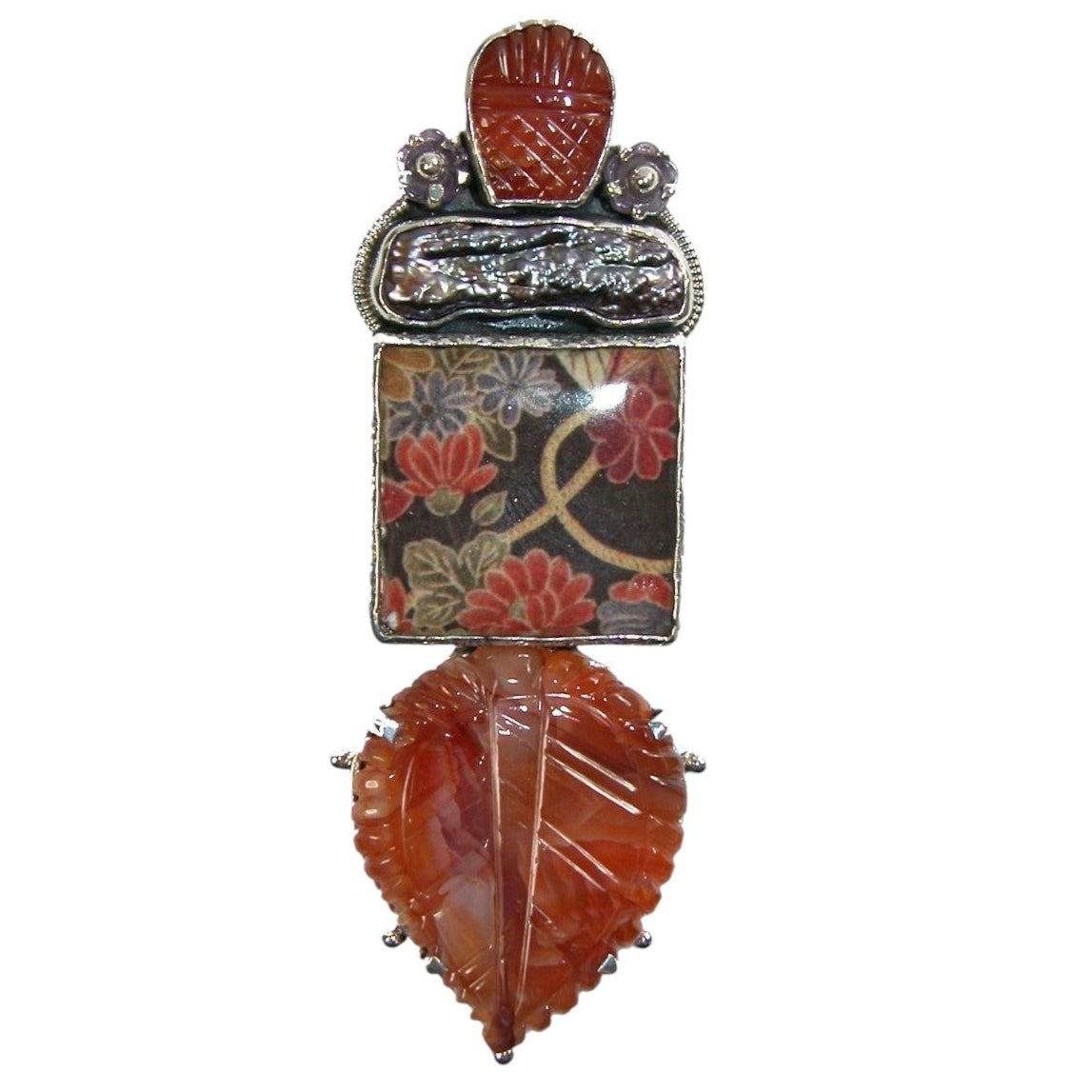 22462 Carnelian Freshwater Pearl Handmade Tile Sterling Silver Pin Pendant