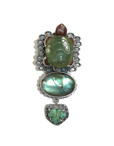 Carved Jade Turtle Labradorite Sterling Silver Pin Pendant