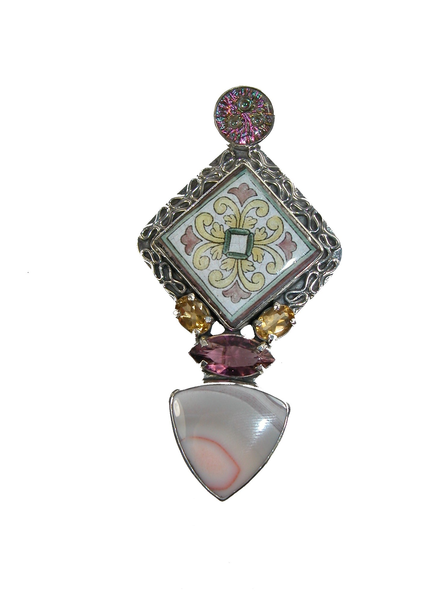22481 Vintage Glass, Hand Painted Russian Miniature, Sterling Silver Pin and Pendant