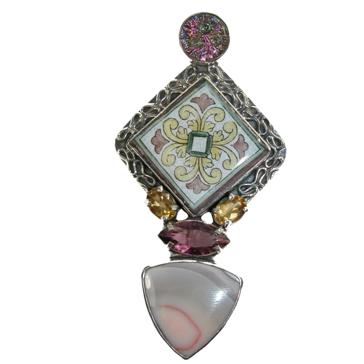 22481 Vintage Glass, Hand-Painted Russian Tile, Quartz, Agate, Sterling Silver Pin/Pendant